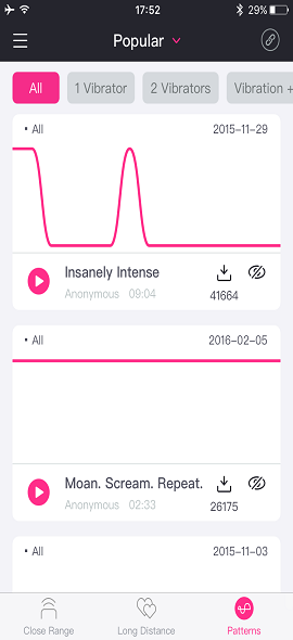Στιγμιότυπο οθόνης της εφαρμογής Lovense Remote unlimited patterns.